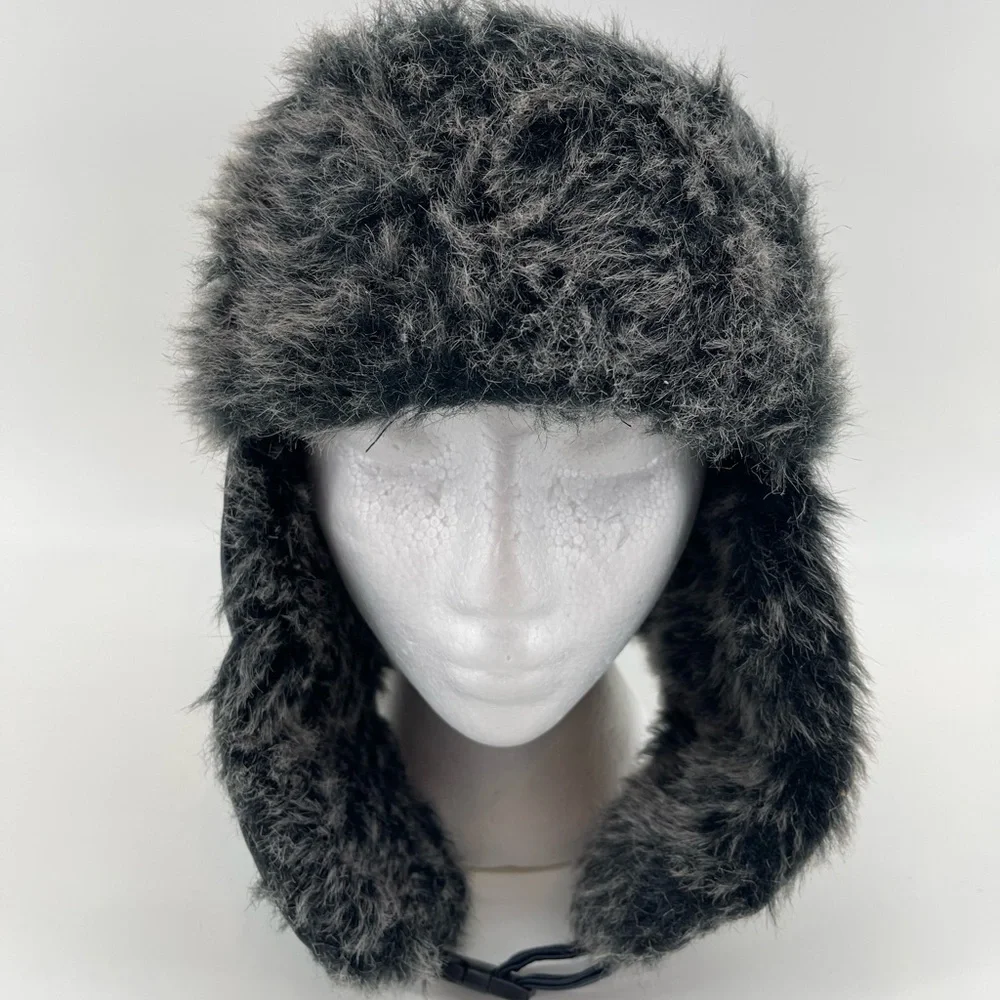 Faux Fur Leather Aviator Hat‎ in Black Winter Gear Warm Trapper